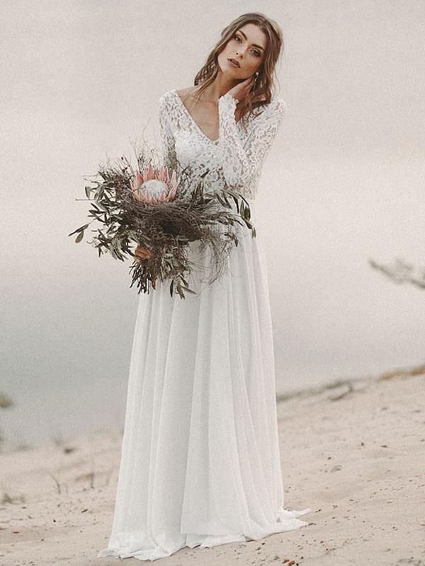 Simple Wedding Dress A Line V Neck Long Sleeve Floor Length Chiffon La —  Bridelily