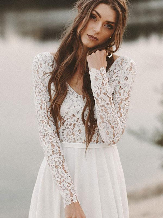 Simple Beach Wedding Dress | V-Neck Long Sleeve Chiffon Lace Gown - Bridelily Simple Beach Wedding Dress | V-Neck Long Sleeve Chiffon Lace Gown - Bridelily