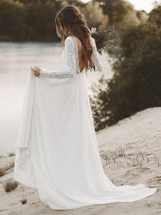 Simple Beach Wedding Dress | V-Neck Long Sleeve Chiffon Lace Gown - Bridelily Simple Beach Wedding Dress | V-Neck Long Sleeve Chiffon Lace Gown - Bridelily