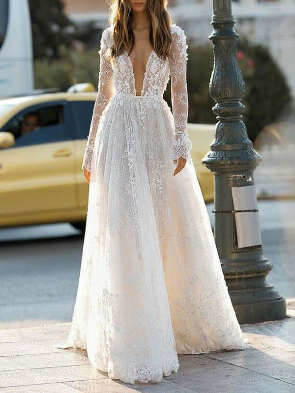 Simple Wedding Dress A Line V Neck Long Sleeves Lace Floor Length Bridal Gowns