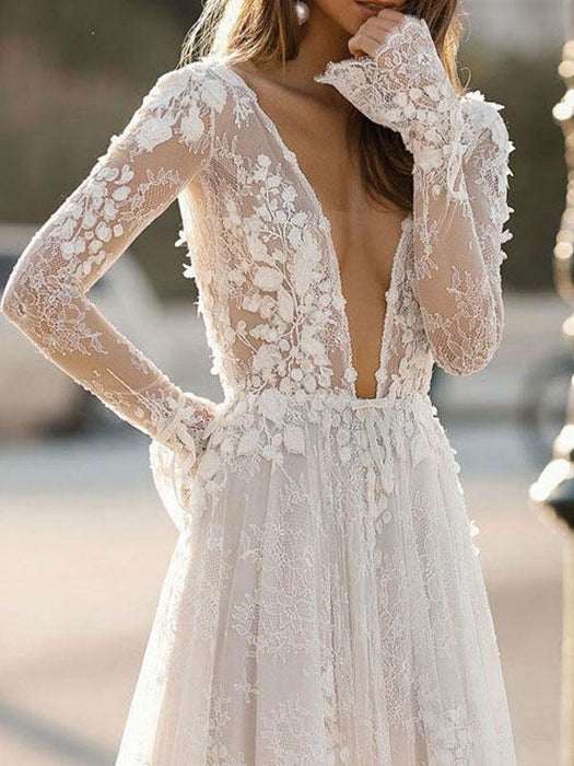 Simple Wedding Dress A Line Long Sleeves Lace Bridal Gowns-Bridelily Simple Wedding Dress A Line Long Sleeves Lace Bridal Gowns-Bridelily