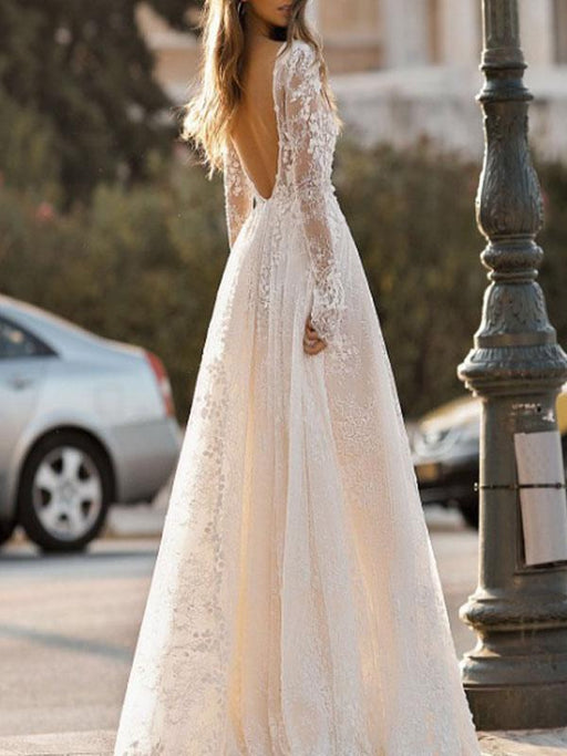 floor length dress for wedding Simple Wedding Dress A Line Long Sleeves Lace Bridal Gowns-Bridelily