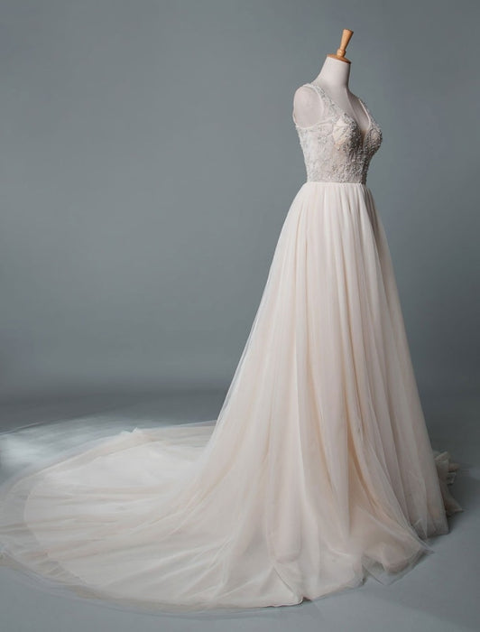 Simple Wedding Dress A Line V Neck Sleeveless Applique Beaded Floor Length Bridal Dresses
