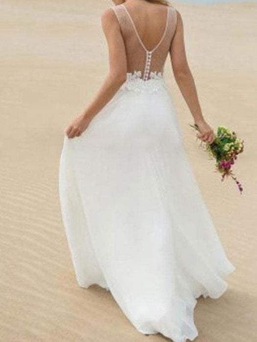 Simple Wedding Dress A Line V Neck Sleeveless Lace Illusion Back Bridal Gowns