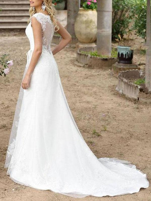 Simple Wedding Dress A Line V Neck Sleeveless Sash Floor Length Bridal Gowns With Train
