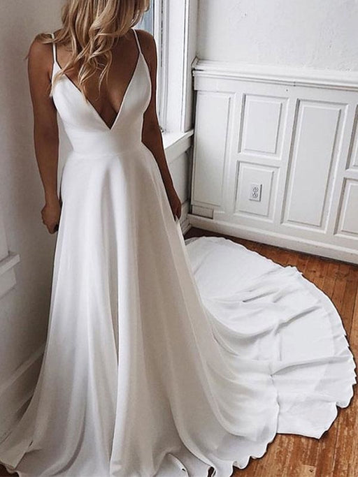 Simple Wedding Dress A Line V Neck Sleeveless Straps Back Lace Boho Bridal Dresses With Train