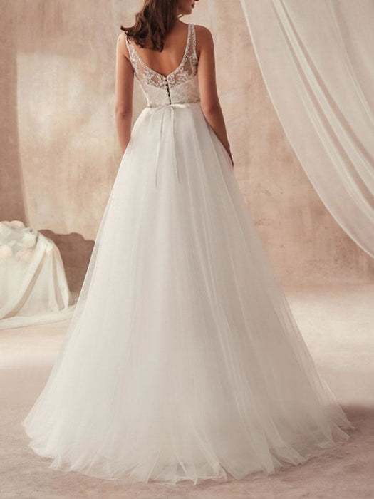 Simple Wedding Dress A Line V Neck Sleeveless Tulle Floor Length Sash Bridal Gowns