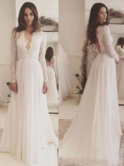 Simple Wedding Dress Chiffon V Neck Long Sleeves Lace A Line Bridal Dresses With Train