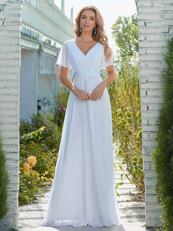Simple A-Line Wedding Dress Chiffon Short Sleeves -Bridelily Simple A-Line Wedding Dress Chiffon Short Sleeves -Bridelily