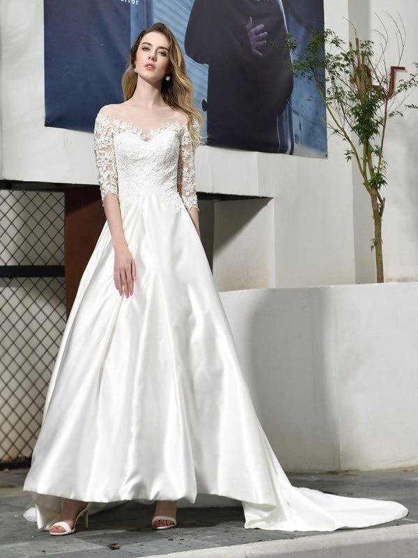 Simple Wedding Dress Jewel Neck Half Sleeves A Line Beaded Bridal Dresses With Train