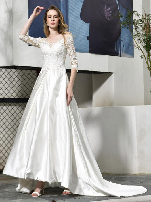 Half Sleeves Satin A Line Wedding Dresses On Sale-Bridelily Half Sleeves Satin A Line Wedding Dresses On Sale-Bridelily