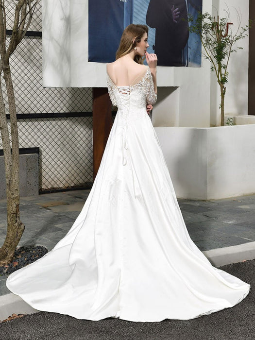 Half Sleeves Satin A Line Wedding Dresses On Sale-Bridelily Half Sleeves Satin A Line Wedding Dresses On Sale-Bridelily
