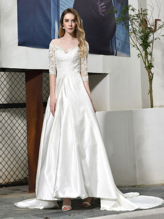 Half Sleeves Satin A Line Wedding Dresses On Sale-Bridelily