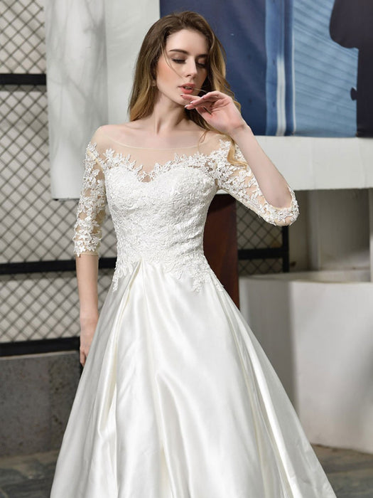Half Sleeves Satin A Line Wedding Dresses On Sale-Bridelily Half Sleeves Satin A Line Wedding Dresses On Sale-Bridelily