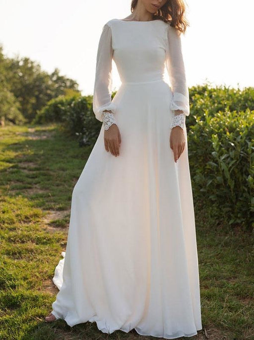 Simple Wedding Dress Lycra Spandex Bateau Neck Long Sleeves Lace A Line Bridal Gowns