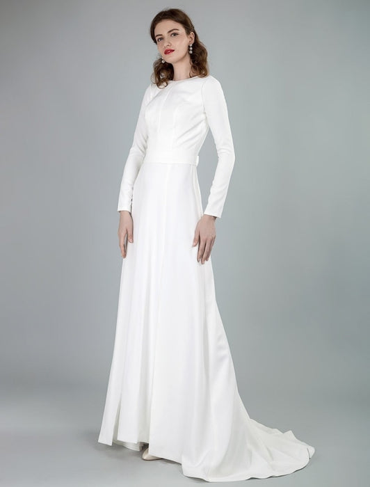 Simple Wedding Dress Lycra Spandex Bateau Neck Long Sleeves Split Front A Line Bridal Dresses
