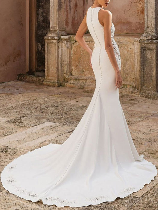 Simple Wedding Dress Lycra Spandex Jewel Neck Sleeveless Lace Mermaid Bridal Dresses