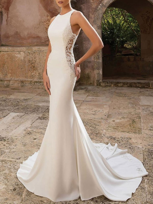 Simple Wedding Dress Lycra Spandex Jewel Neck Sleeveless Lace Mermaid Bridal Dresses