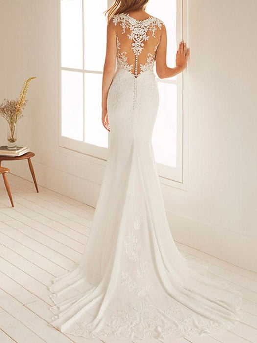simple wedding dress mermaid chiffon jewel neck sleeveless floor length beach bridal gown with court train