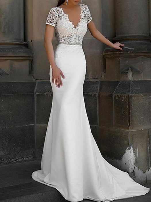 Simple Lace Wedding Dress Mermaid with Sleeves-Bridelily Simple Lace Wedding Dress Mermaid with Sleeves-Bridelily