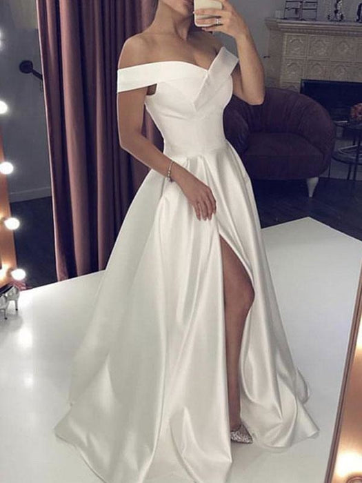 Simple Wedding Dress Satin Fabric Off The Shoulder Sleeveless Split Front A Line Bridal Dresses With Train