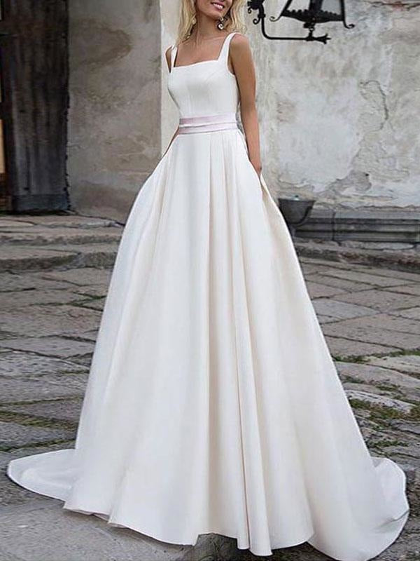 Simple Wedding Dress Satin Fabric Square Neck Sleeveless Sash A Line Bridal Gowns