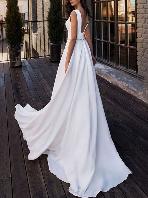 Simple Wedding Dress Satin Fabric V Neck Sleeveless Sash A Line Floor Length Bridal Gowns