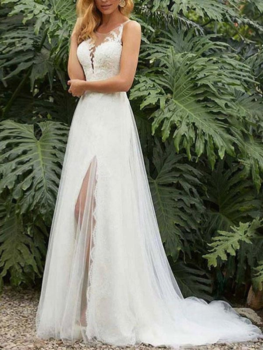 Simple Wedding Dress Sheath Jewel Neck Sleeveless Split Front Bridal Gowns
