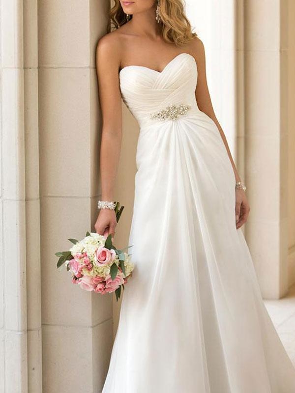 Simple Wedding Dress Sheath Sweetheart Neck Sleeveless Pleated Bridal Dresses With Train