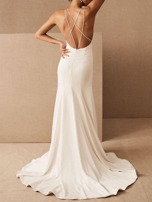 Simple Wedding Dress Sheath V Neck Sleeveless Criss Cross Bridal Gowns With Train