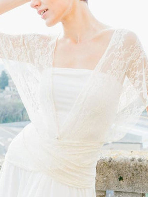 Simple Wedding Dress Sheath V Neck Sleeveless Pleated Floor Length With Train Lace Bridal Dresses
