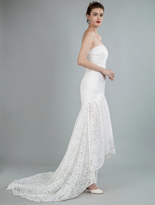 Simple Wedding Dress Strapless Sleeveless Lace Mermaid Bridal Gowns With Train