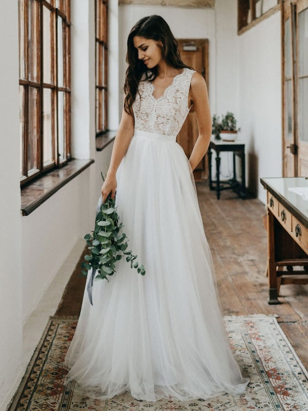 Simple Wedding Dress Tulle A Line V Neck Sleeveless Lace Floor Length —  Bridelily