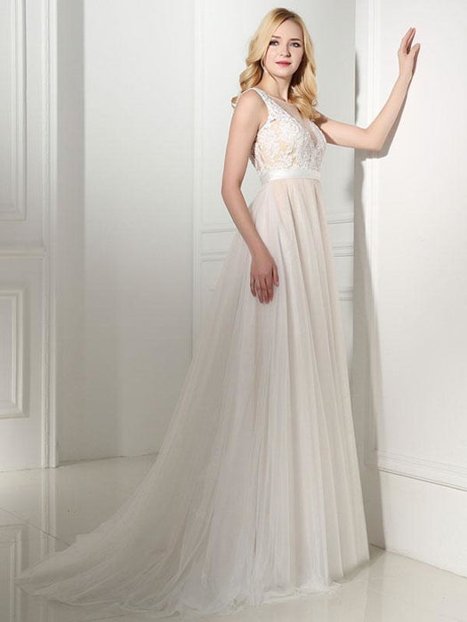 Simple Wedding Dress Tulle Jewel Neck Sleeveless Pearls A Line Bridal Gowns