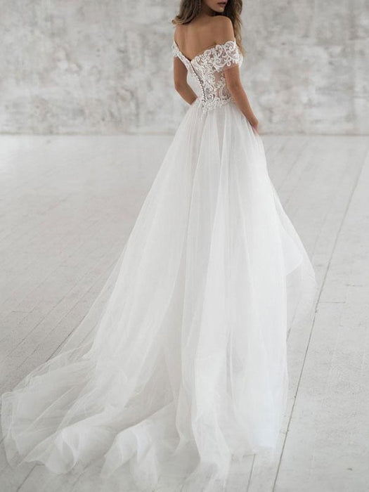 Simple Wedding Dress Tulle Off The Shoulder Short Sleeves Lace A Line Bridal Gowns