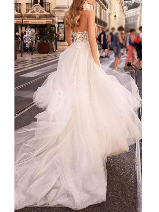 Simple Wedding Dress Tulle Sweetheart Neck Sleeveless A Line Lace Flora Bridal Gowns With Train