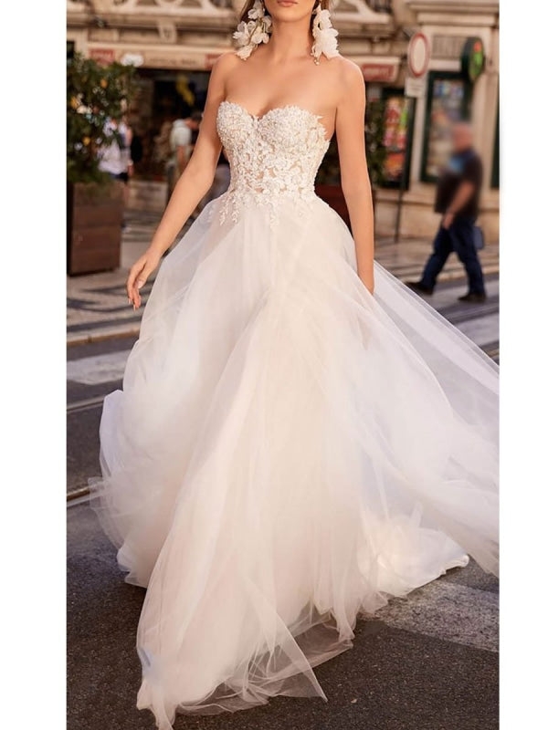 Simple Wedding Dress Tulle Sweetheart Neck Sleeveless A Line Lace Flora Bridal Gowns With Train