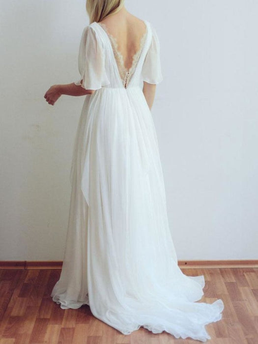 Simple Wedding Dress V Neck Half Sleeves Pleated A Line Floor Length Bridal Dresses