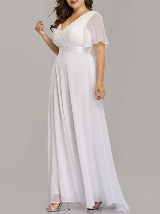 Simple Wedding Dress V Neck Short Sleeves A Line Floor Length Chiffon Sash Plus Size Bridal Gowns With Sweep Train