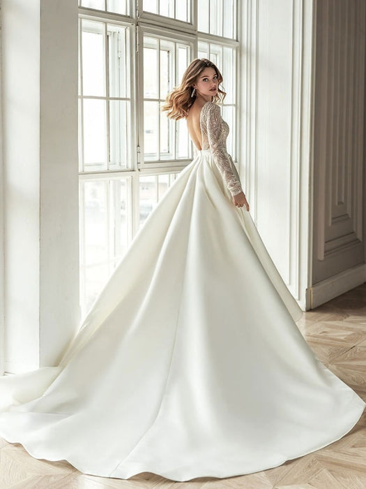 Simple Wedding Dress With Train A Line V Neck Long Sleeves Lace Bridal Dresses