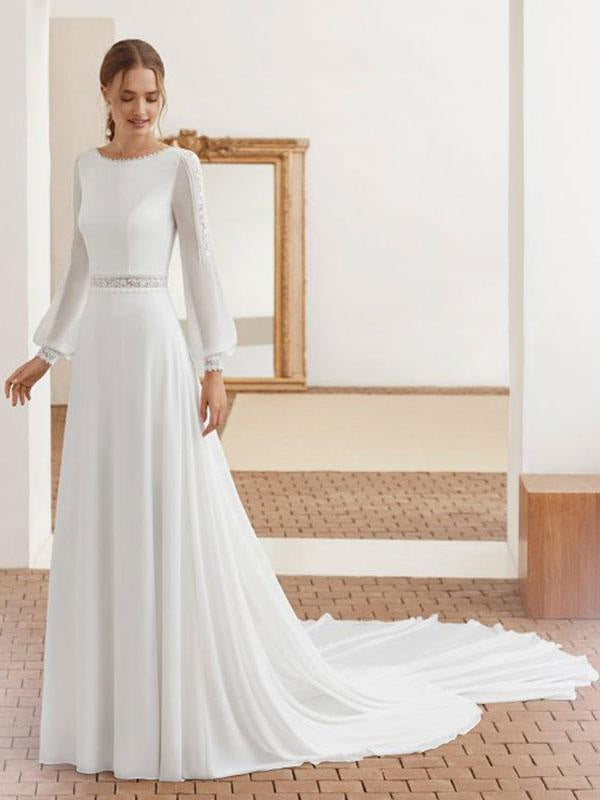 Simple Wedding Dress With Train Chiffon Halter Long Sleeves Lace A