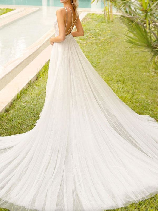 Simple Wedding Dress With Train Mermaid Dress V Neck Sleeveless Lace Bridal Dresses
