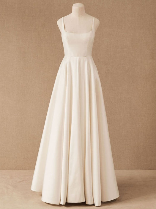 Simple Wedding Dress With Train Satin Fabric Strapless Sleeveless Pockets A-Line Bridal Gowns