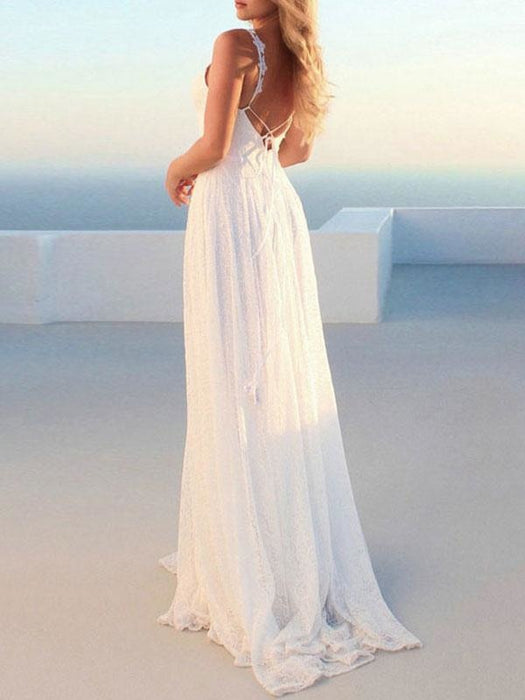 Simple Wedding Dresses 2021 A Line V Neck Straps Backless Floor Length Classic Bridal Gowns