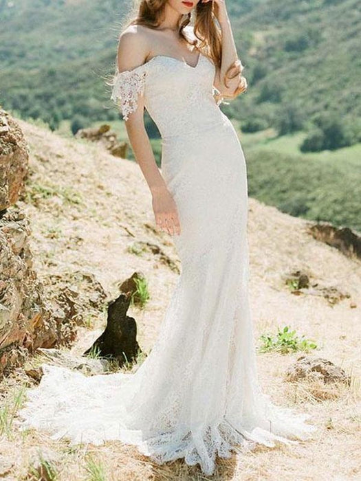 Simple Wedding Dresses 2021 Lace Sweetheart Off The Shoulder Mermaid Bridal Gown With Train for boho wedding