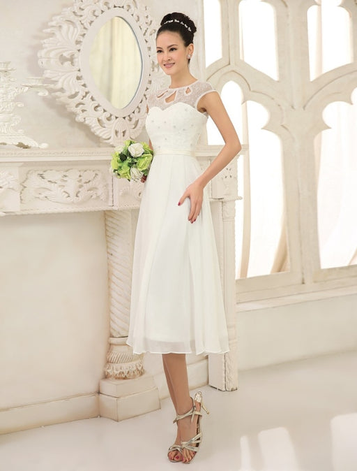Simple Wedding Dresses Ivory Lace Chiffon Beach Wedding Dress with Beaded misshow