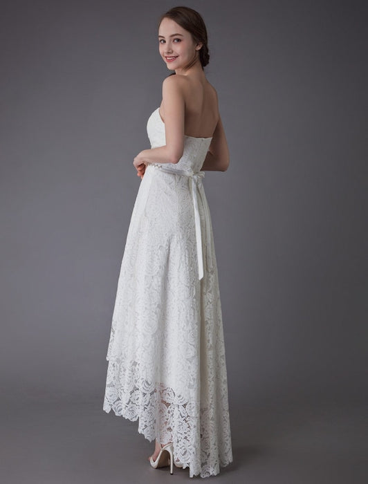 Simple Wedding Dresses Lace High Low Strapless Sash Asymmetrical Short Bridal Dress