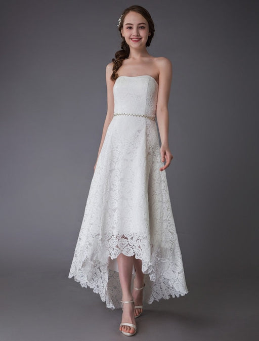 Simple Wedding Dresses Lace High Low Strapless Sash Asymmetrical Short Bridal Dress