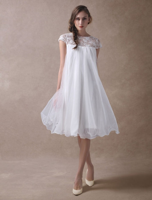 Simple Wedding Dresses Short Empire Waist Lace Tulle Cap Sleeve Pregnant Bridal Dress