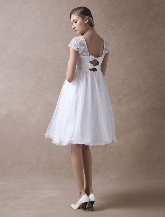 Simple Wedding Dresses Short Empire Waist Lace Tulle Cap Sleeve Pregnant Bridal Dress